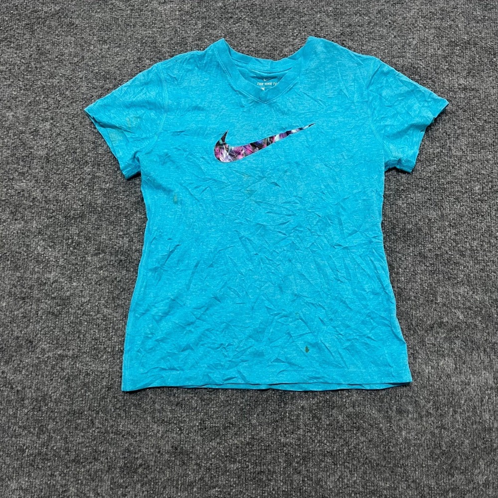 Nike T-Shirt Womens Size L Blue Dri-Fit V-Neck Short Sleeve Floral Swoosh Tee
